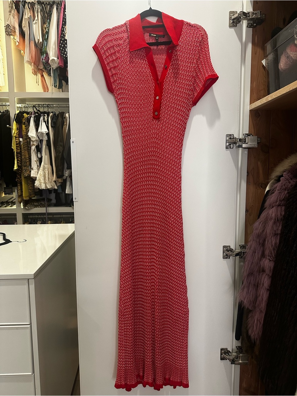 Maje Red Knit Polo Maxi Dress